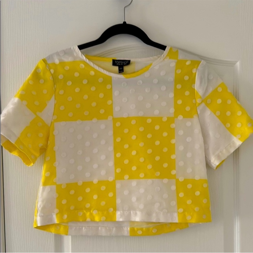 💛 Topshop Yellow and White Checkered Polka Dot Blouse